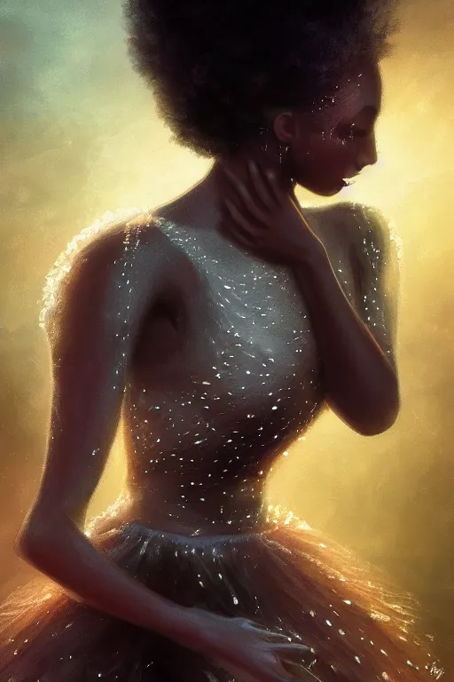 Prompt: black prima ballerina, gorgeous, ethereal, intricate, elegant, volumetric lighting, nature scenery, digital painting, highly detailed, artstation, sharp focus, illustration, concept art, clive barker