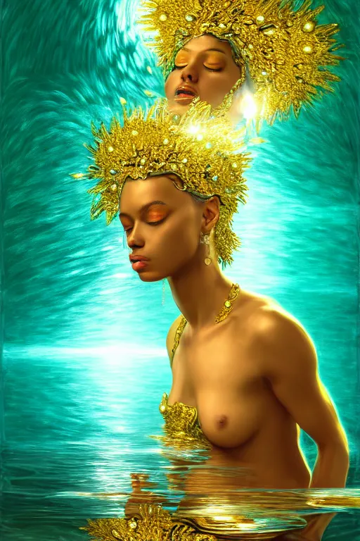 Image similar to illustration neo - renaissance cinematic super expressive! oshun goddess with water armor, staring at herself in a liquid mirror, gold flowers, highly detailed digital art masterpiece, smooth etienne sandorfi eric zener dramatic pearlescent soft teal light, ground angle uhd 8 k, sharp focus