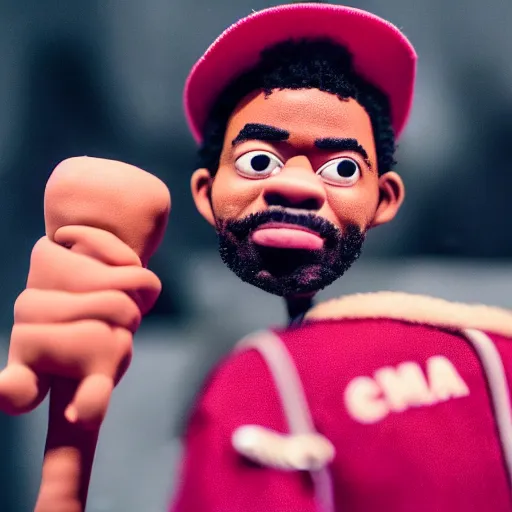 Image similar to a cinematic film still of a claymation stop motion film starring chance the rapper as a college student, shallow depth of field, 8 0 mm, f 1. 8