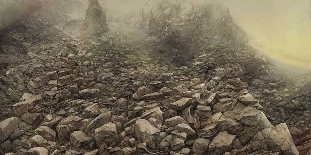 Image similar to landslide, debris, illustration, detailed, smooth, soft, cold, by Adolf Lachman, Shaun Tan, Surrealism