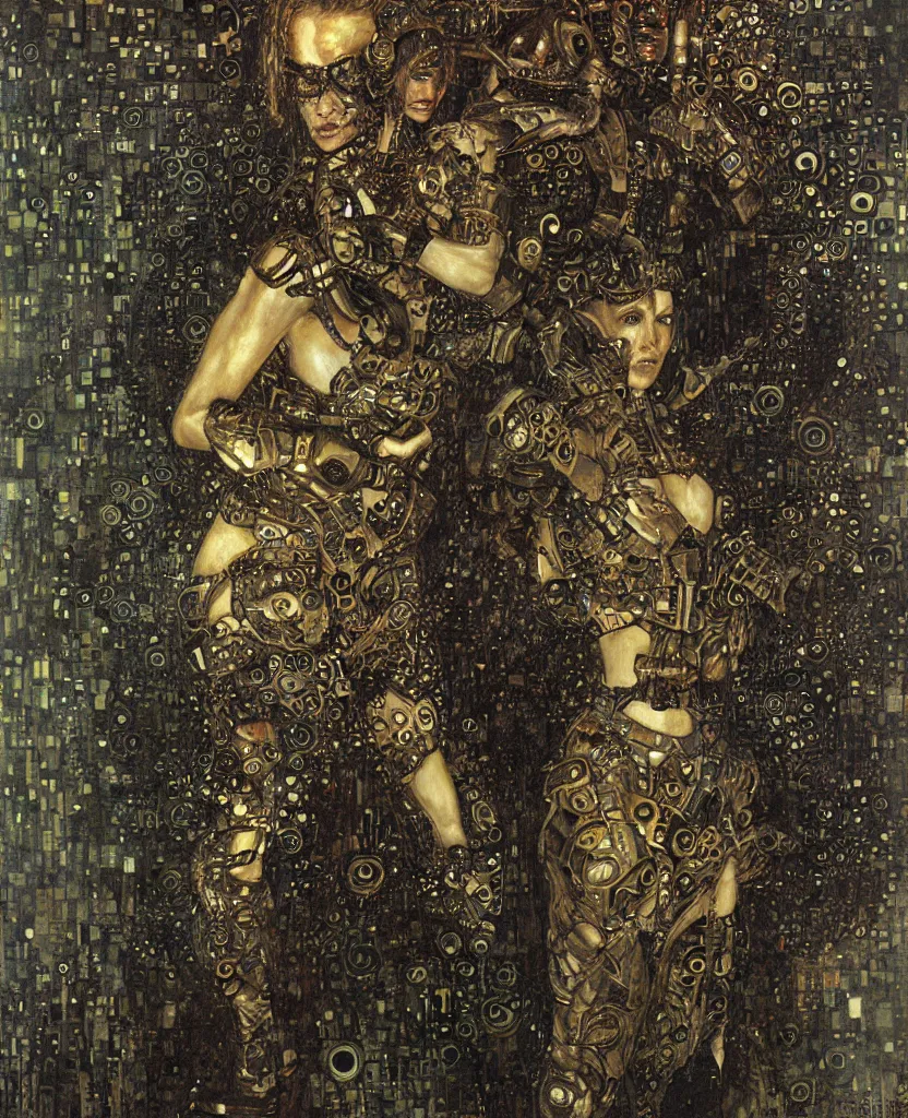 Image similar to cybernetic female supersoldier armed with laser rifle battling demon, intricate detail, klimt, royo, whealan,