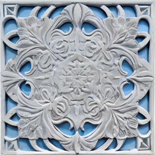 Prompt: intricate colourfully painted _ carved soapstone relief paneling white and pale blue