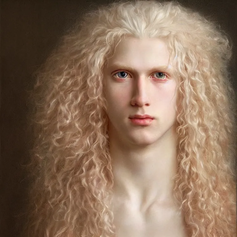 Image similar to a striking hyper real painting of Lucius the pretty pale androgynous albino blond prince, golden hour, beautiful delicate smile soft pink lips and lavender eyes, long fluffy curly light blond hair, STRAWBERRY BLOND, by Jan Matejko