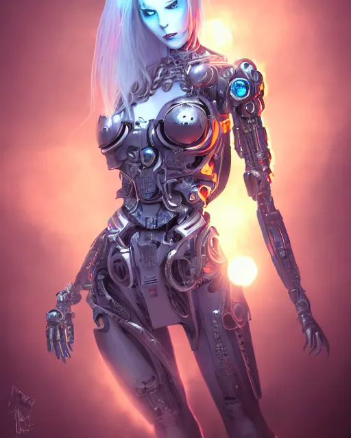 Image similar to holy cyborg necromancer girl, elegant, scifi, futuristic, utopia, garden, atmosphere, white hair, blue eyes, extreme detail, glow, intricate, full of colour, cinematic lighting, trending on artstation, detailed, 4 k, art by martin dubeau