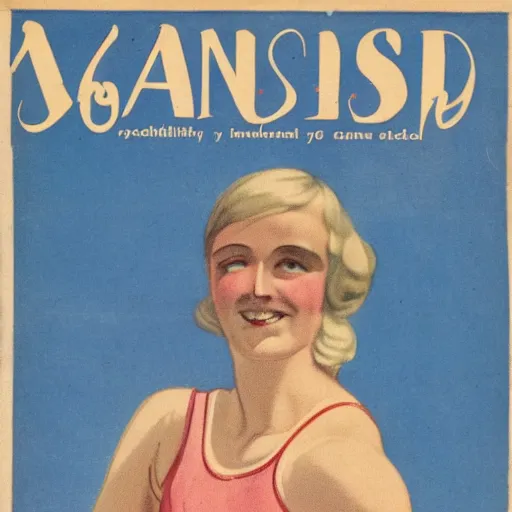 Prompt: a 1 9 2 8 cover of a danish magazine. happy, healthy, beautiful, smiling, young, sporty, glowing woman in decent athletic wear playing tennis. realistic detailed color drawing