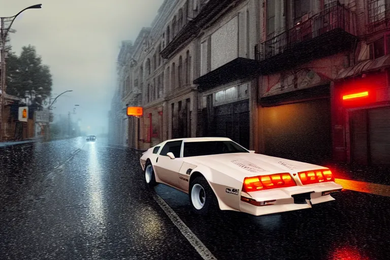 Image similar to hyperdetailed, photorealistic photograph of a 1 9 8 2 pontiac firebird trans - am drifting in the streets, rain, night, dense fog, hd, unreal engine 5 by greg rutowski, by stanley artgerm, by alphonse mucha