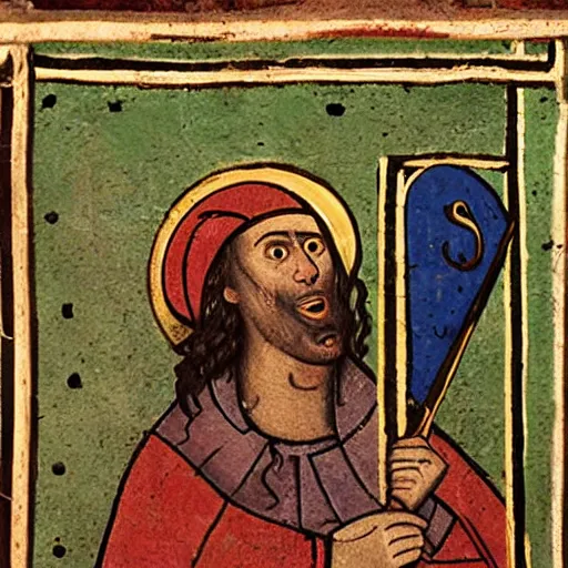 Image similar to Medieval painting of a man listening to sick beats on his headphones