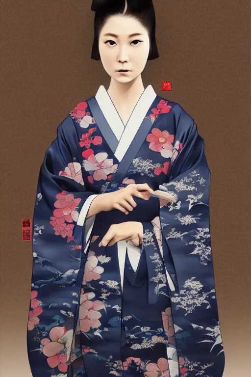 Image similar to Japanese kimono, finest digital concept art, 8k, character, realistic, portrait, photorealism, japan watercolour, masterpiece art