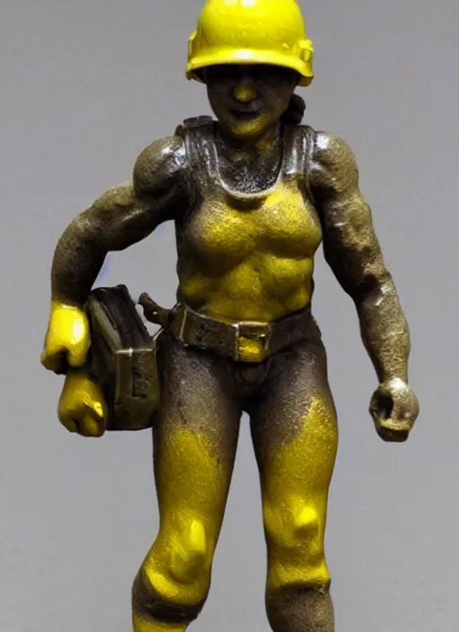 Prompt: Fine Image on the store website, eBay, Full body, 80mm resin detailed miniature of a Muscular female miner, wearing yellow helmet.