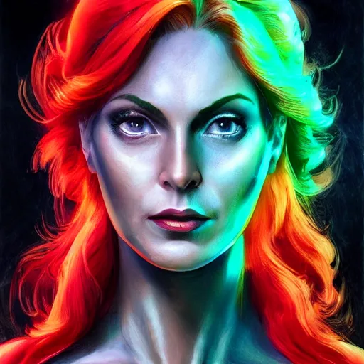 Image similar to jean grey, a half body portrait of jean grey, green eyes, red hair, phoenix, flames, flying, comic, x - men, highly detailed, artstation, symetry, digital painting, vivid colors, realistic shaded perfect face, soft lighting, atmospheric, cinematic, moody, in the style of alex ross, oil on canvas, 8 k