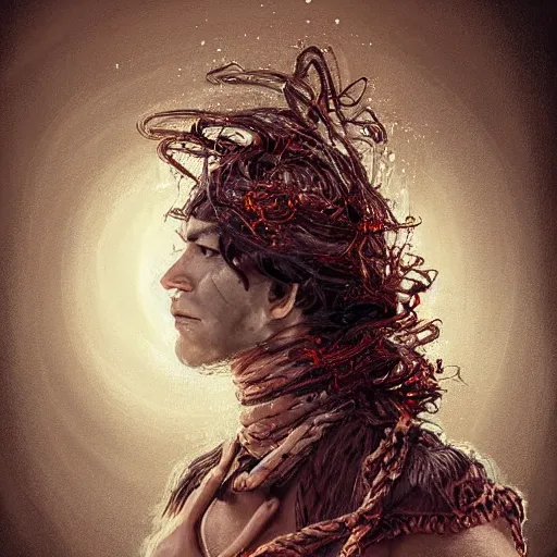 Image similar to portrait of a Shibari rope wrapped face and neck, headshot, insanely nice professional hair style, dramatic hair color, digital painting, of a old 15th century, old cyborg merchant, amber jewels, baroque, ornate clothing, scifi, realistic, hyperdetailed, chiaroscuro, concept art, art by Franz Hals and Jon Foster and Ayami Kojima and Amano and Karol Bak,