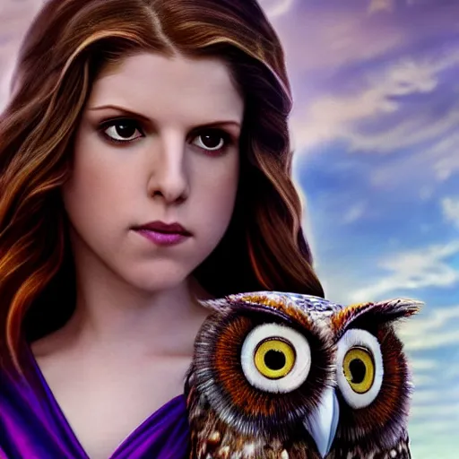 Image similar to Anna Kendrick as the Goddess Minerva with her dark purple toga slipping off her shoulders which her owl is sitting upon 8k resolution hyperdetailed photorealism amazing level of detail and ultra high quality and beautiful