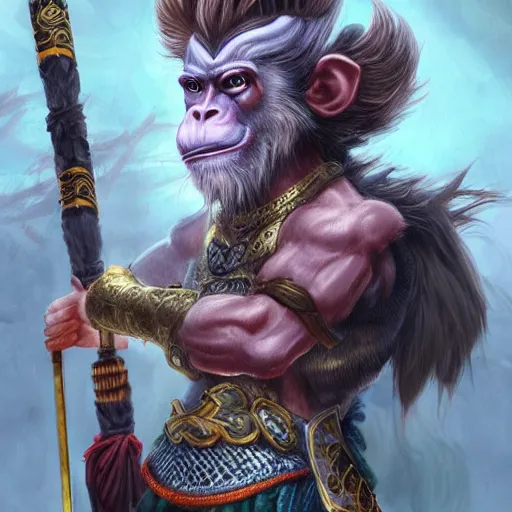 Prompt: a fantasy game portrait of the monkey king. the monkey king has a determined expression and is holding a golden staff. highly detailed and trending on art station.