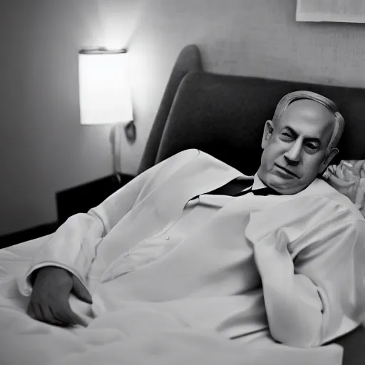 Prompt: benjamin netanyahu as a model lying seductively on bed, model photography, dynamic lighting, volumetric lighting, highly detailed, grayscale, professional