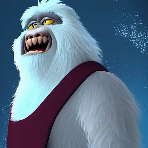 Image similar to digital art of the yeti, a white snow primate, in style of disney animation, expressive face, detailed face, detailed eyes, full body, feminine face, tracer overwatch, disney, pixar