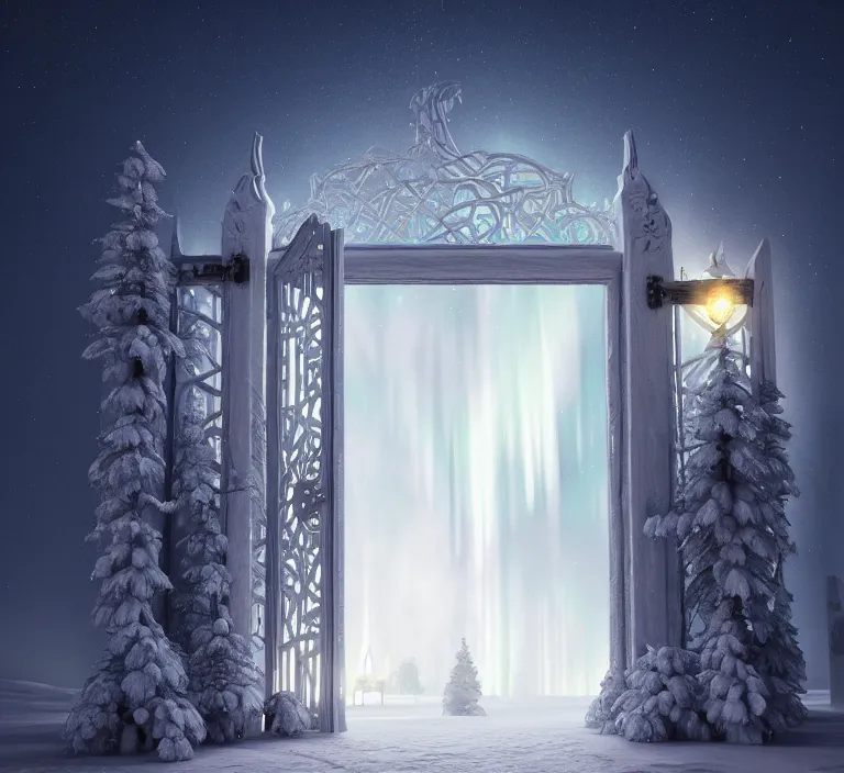 Image similar to a very detailed concept art of intricate and scandinavian white gates to aurora borealis infused with lights, trending on artstation, symmetry, digital art, 4 k, hyper realistic, octane render, sharp focus