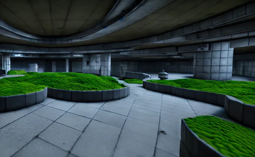 Prompt: in-game screenshot on unreal engine 5, in a liminal underground garden, retrofuturism, brutalism, staggered terraces, minimalist