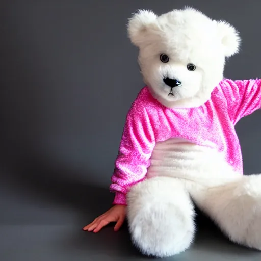 Prompt: a cute white teddy bear with pink ears wearing a pink cheetah print leotard