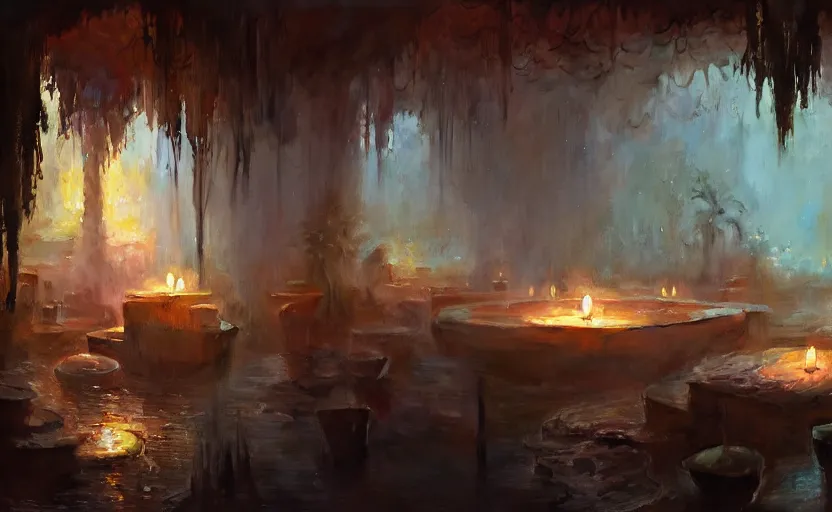 Prompt: painting of an interior of an otherworldly hot spring with candles, natural light, fantasy, lush plants and flowers, natural light, concept art, by greg rutkowski and craig mullins, cozy atmospheric and cinematic lighting, trending on artstation