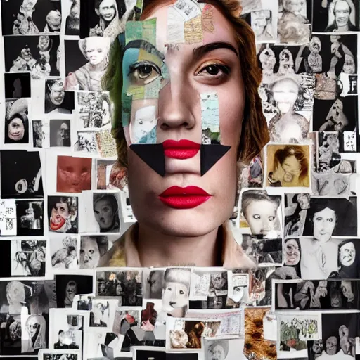 Image similar to a chaotic collage made out of fragments of printed images taken from the internet, fashion magazines, and family photographs all coming together to form hybrid face contour with twisted features in the Dadaesque style, mixed media