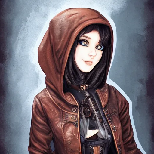 Prompt: character portrait of a cute steampunk girl in a hoodie, highly detailed, arstation, art, professional, cyberpunk
