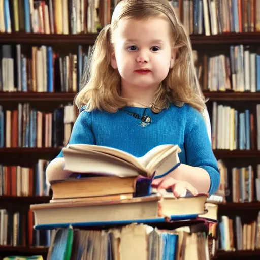 Prompt: A young Matilda using her powers to destroy some bad evil with books around her