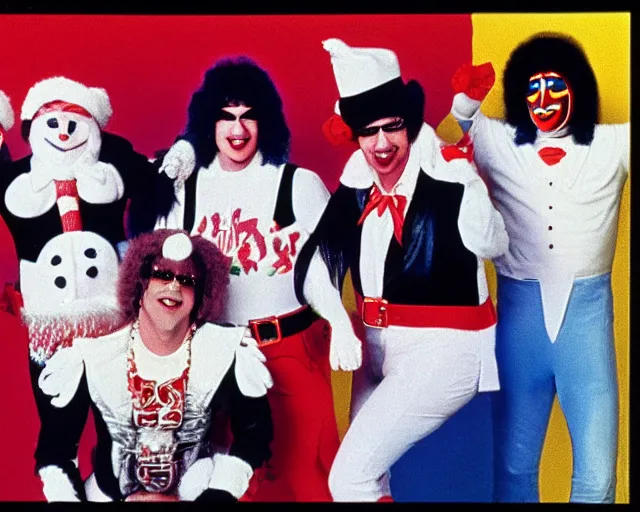 Image similar to 8 0's christmas special, featuring frosty the snowman, the band kiss, and the harlem globe trotters, frame from vhs tape