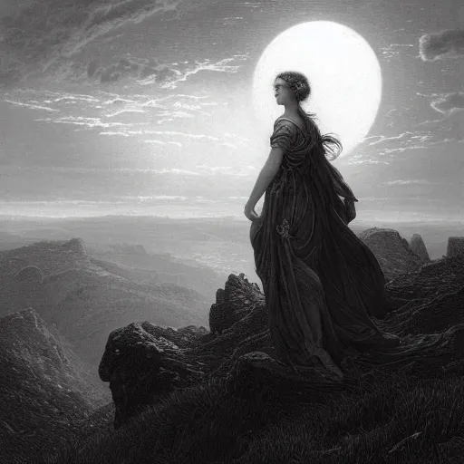 Image similar to A female wanderer looks from a mountaintop, mountains, gorgeous view, velly distant forest, distant city, distant glow, night, moon, dramatic light, Chiaroscuro, long shadows, dark, thunderclouds, masterpiece, high detail, detailed, illustration by Paul Gustave Doré