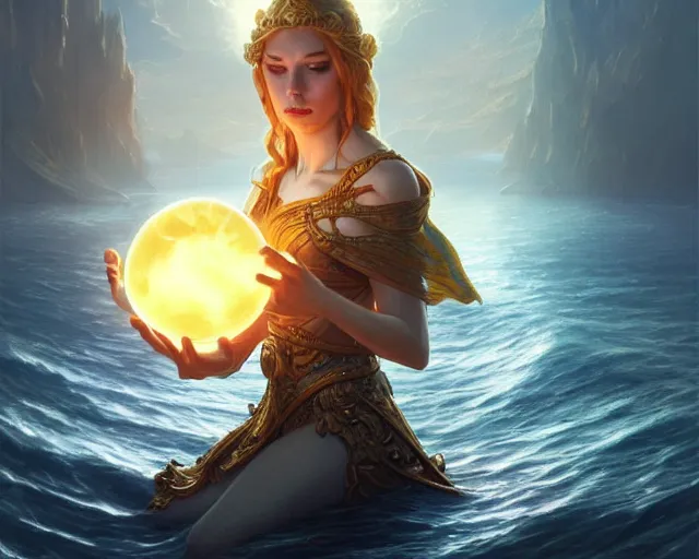 Image similar to glowing orb in the middle of the lake, deep focus, d & d, fantasy, intricate, elegant, highly detailed, digital painting, artstation, concept art, matte, sharp focus, illustration, hearthstone, art by artgerm and greg rutkowski and alphonse mucha