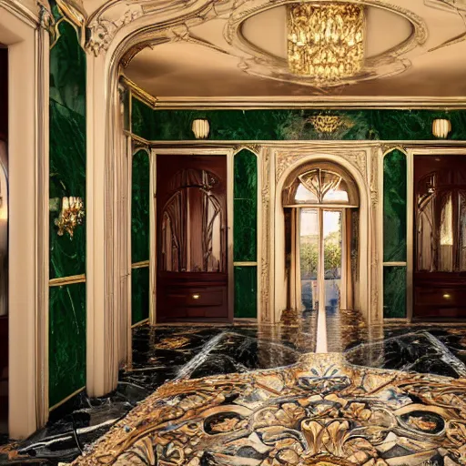 Image similar to a realistic photo of a large lavish victorian style mansion entrance hall made entirely of malachite with golden accents on the walls, and a dark marble floor; cinematic lens, 8K award-winning photo