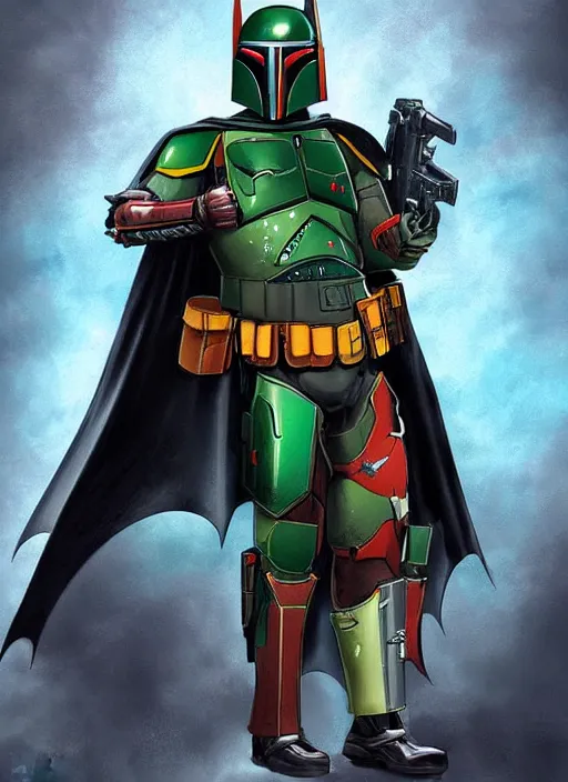 Image similar to batman x boba fett, digital art, character mashup, epic lighting, combination art