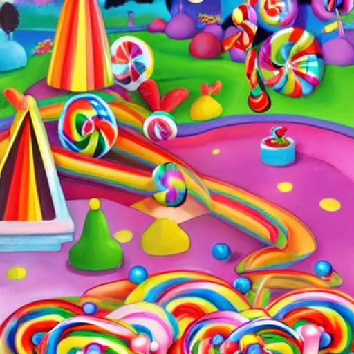 Prompt: candy land with a bunch of small puppies