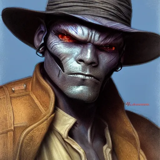 Image similar to Cad Bane from Star Wars, diffuse lighting, fantasy, intricate, elegant, highly detailed, lifelike, photorealistic, digital painting, artstation, illustration, concept art, smooth, sharp focus, art by John Collier and Albert Aublet and Krenz Cushart and Artem Demura and Alphonse Mucha