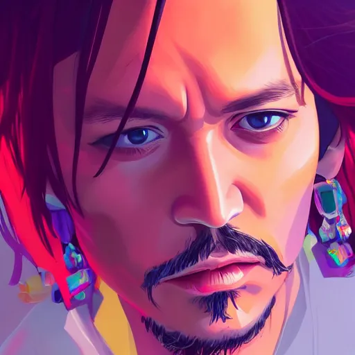 Image similar to portrait of Johnny depp, sunset background, rich vivid colors, ambient lighting, dynamic lighting, 4k, official media, anime key visual, makoto shinkai, ilya kuvshinov, lois van baarle, rossdraws, detailed, trending on artstation