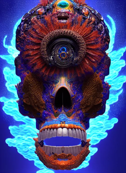 Prompt: 3 d shaman profile portrait, sigma 5 0 0 mm f / 5. beautiful intricate highly detailed quetzalcoatl skull and feathers. bioluminescent, plasma, lava, ice, water, wind, creature, thunderstorm! artwork by tooth wu and wlop and beeple and greg rutkowski, 8 k trending on artstation,