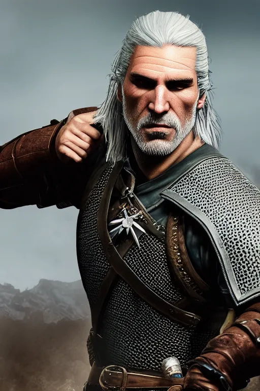 Image similar to portrait of geralt of rivia, 5 5 mm lens, professional photograph, times magazine, serious, stern look