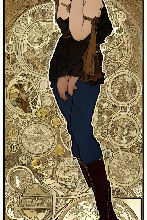 Prompt: full body portrait of a beautiful russian teenager with short platinum blonde hair and leather boots, illustration by alphonse mucha, trending on artstation, HD, D&D 4k, 8k, intricate detail, character design