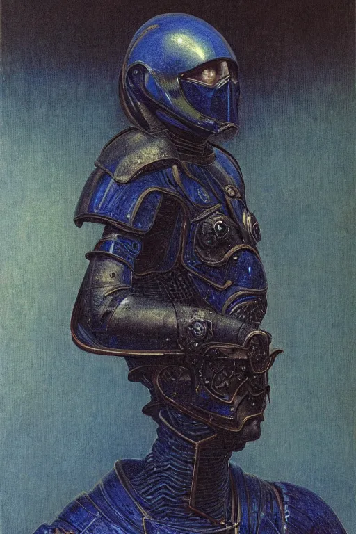 Image similar to portrait of beautiful gothic and futuristic young man, warhammer, cyber armor, a lot of scars, thunderstorm and fire, blue head, the middle ages, highly detailed, artstation, illustration, more and more composision, 8 k quality, art by jean delville, max ernst