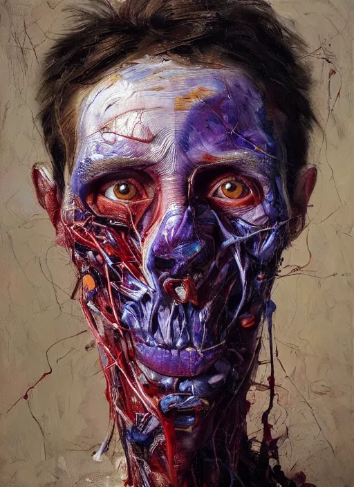 Image similar to highly detailed and textured painting of a deformed anatomical portrait with dead eyes, emotionally expressive, highly detailed oil painting, soft light 4 k, red, blue and purple colour palette, cinematic composition, cinematic lighting, sharp focus, masterpiece by adrian ghenie and jenny saville