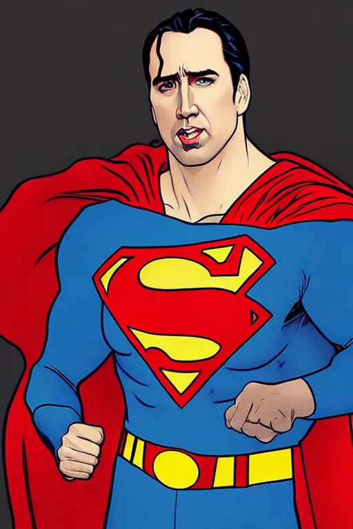 Image similar to nicholas cage as superman, in the style of art by artgerm and greg rutkowski and alphonse mucha