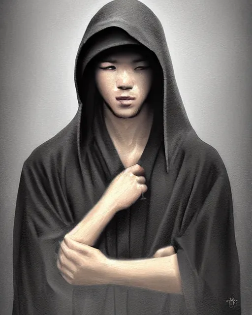 Image similar to digital art portrait of a young man in dark robes, hooded, made by WLOP, WLOP