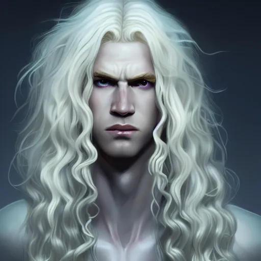 Image similar to Lucius the pale blond androgynous god of the sun, highly detailed, very very very long curly blond hair, extremely luscious curly blond hair, very very very pale white skin, digital painting, artstation, concept art, soft light, sharp focus, illustration