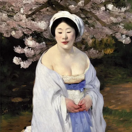 Image similar to a crying woman in a white gown kneeling at a beautiful shrine under a cherry blossom tree, rainy wet, ultradetailed, hd 8 k, oil on canvas, manet, detailed brushstrokes