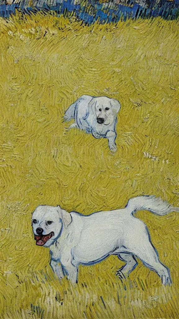 Image similar to A white and yellow dog was rolling in the field,In the style of Van Gogh.