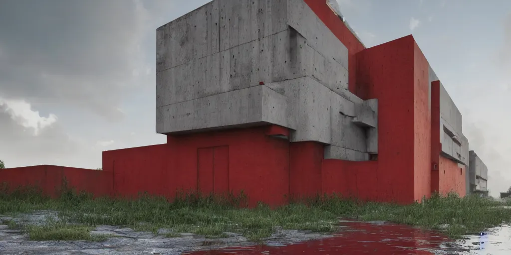 Image similar to brutalist red concrete architecture by Le Corbusier, abandoned red buildings, empty streetscapes, surrounded by lush green vegetation, ground-level view, puddles of water, stunning volumetric lighting, sunset, trending on Artstation, 8k, photorealistic, hyper detailed, unreal engine 5, cinematic, epic lighting, cryengine, octane render, cyberpunk, red and orange glow, dark, gloomy