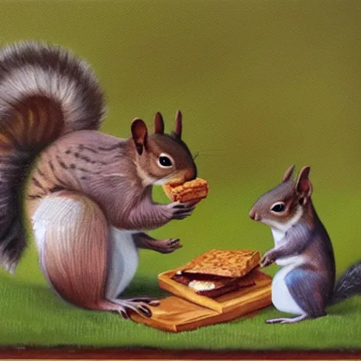 Image similar to A painting of a squirrel sharing bread with his squirrel children