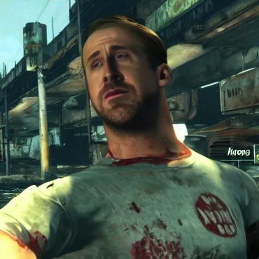 Image similar to ryan gosling kills a mutant in fallout 4