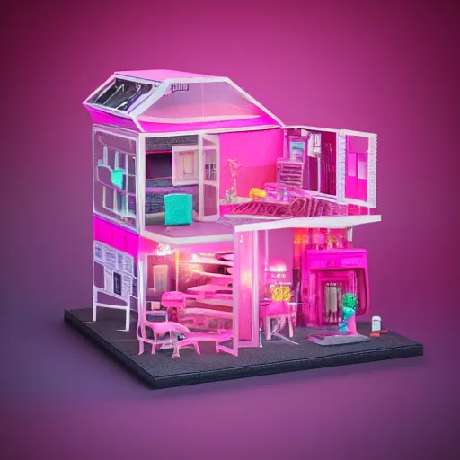 Prompt: a cute pink cyberpunk tiny doll house, barbie house by mattel, cute little garden, octane rendered, led lighting, 4 k