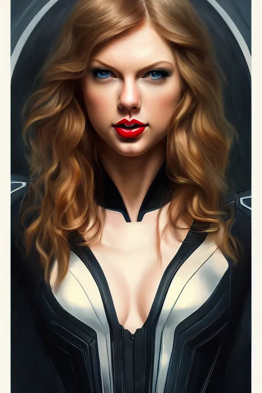 Image similar to taylor swift as black widow, realistic portrait, symmetrical, highly detailed, digital painting, artstation, concept art, smooth, sharp focus, illustration, cinematic lighting, art by artgerm and greg rutkowski and alphonse mucha