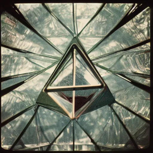 Image similar to grainy Polaroid film photograph of a highly reflective chrome octahedron in a tropical greenhouse. super resolution. surreal. Extremely detailed. Polaroid 600 film. by Annie Leibovitz and Richard Avedon